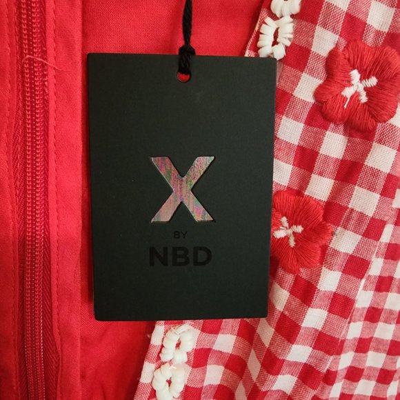 NWT X by NBD Florence Red & White Gingham Beaded Embroidered Mini Dress NWT - Picture 10 of 11